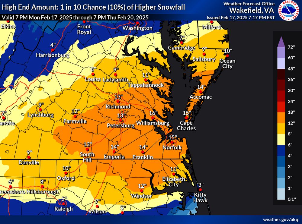 A map of southeastern Virginia showing the "high end" amount of snow for various areas on Wednesday. The high end for Norfolk is 15 inches of snow; Williamsburg 16. Etc. 