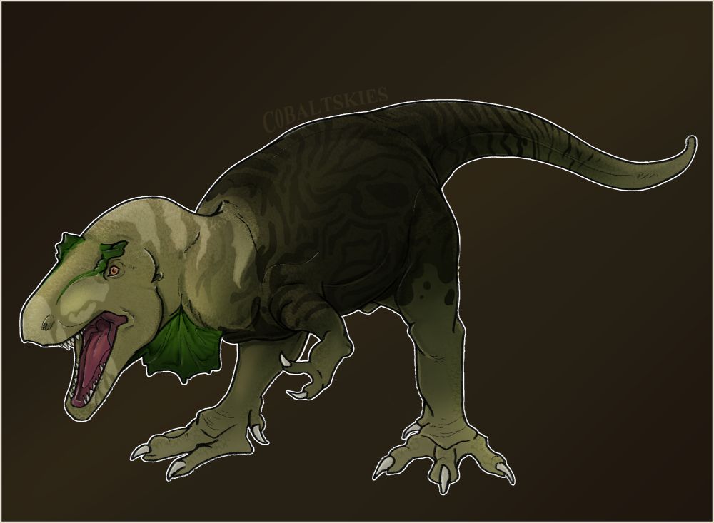 An illustration of a Labocania character; Ripper, hissing at the camera. He is cream and brown with swirly stripes, and a green dewlap.