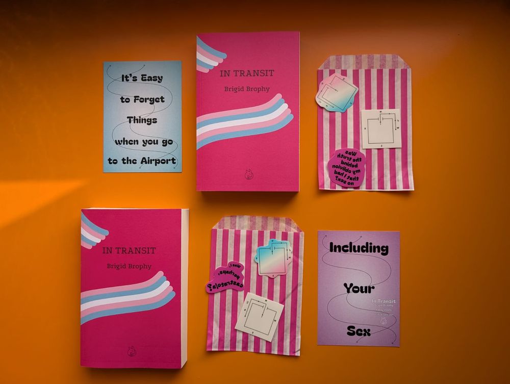Copies of In Transit, promotional postcards and temporary tattoos
