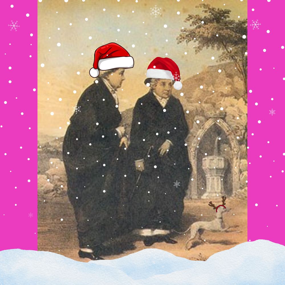 The Ladies of Llangollen - two older androgynous women wearing black jackets - with superimposed Santa hats