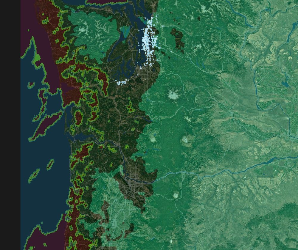 Map of Washington and Oregon state Western sides with overlay of NOAA HRRR visibility data and nearly every Puget Sounds bus and ferry. Data show clear interior and low visibility on Western side of Olympic mountains.