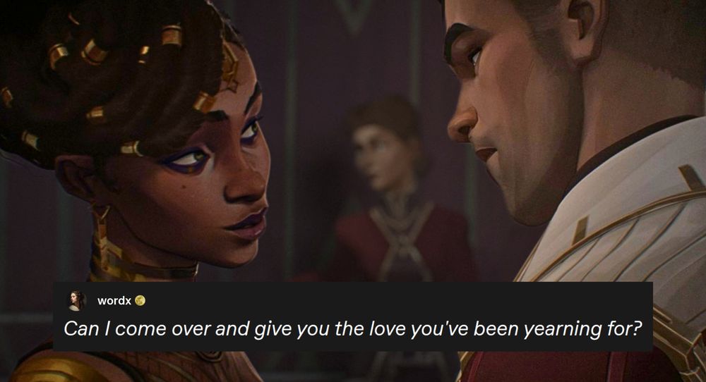 A screencap of Mel Medarda and Jayce Talis sharing a loving look during season one of Arcane. Between them is a text post that reads: "Can I come over and give you the love you've been yearning for?"