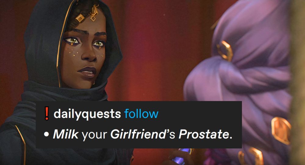 An image of Mel Medarda standing next to Lest in season two of Arcane. Over top of them is a text post from an account named @dailyquests that reads: "Milk your Girlfriend's Prostate."
