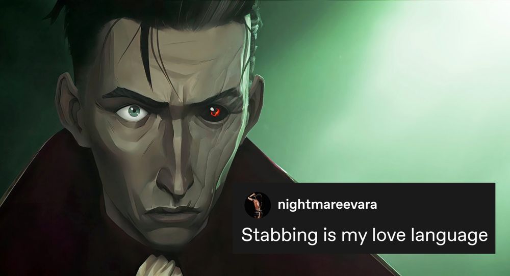 A screencap of Silco's face during season one of Arcane. Next to him is a text post that reads: "stabbing is my love language"