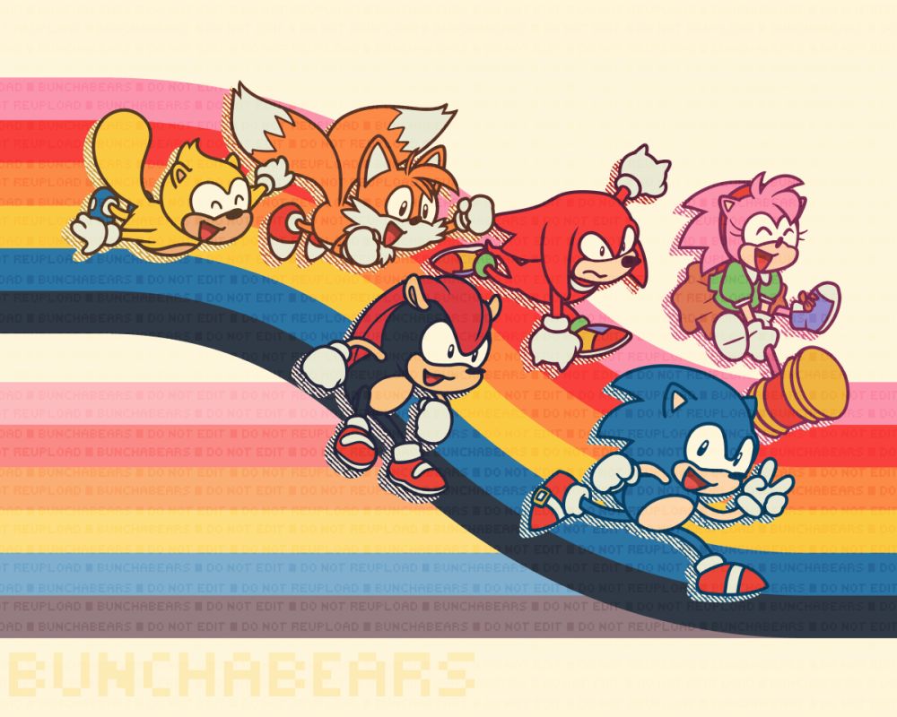 Sonic the Hedgehog runs on a retro rainbow. He is accompanied by Amy Rose, Knuckles the Echidna, Tails the Fox, Mighty the Armadillo, and Ray the Flying Squirrel.