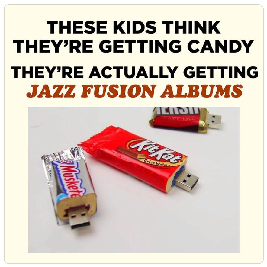 Photo of usb thumb drives that look like individual candy bars. The message reads like so: "These kids think they're getting candy. They're actually getting jazz fusion albums." 