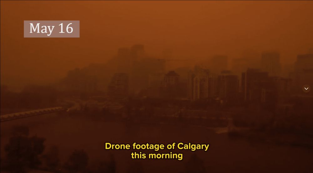 Drone footage from May 16 showing Calgary looking like Blade Runner 2023 because of wildfire smoke. Very cool and normal for mid spring.