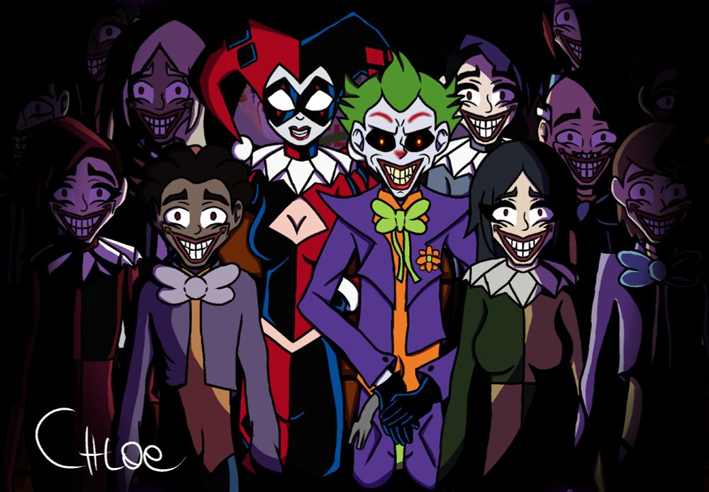 Coringa, Arlequina e pessoas sob o efeito do gás do riso