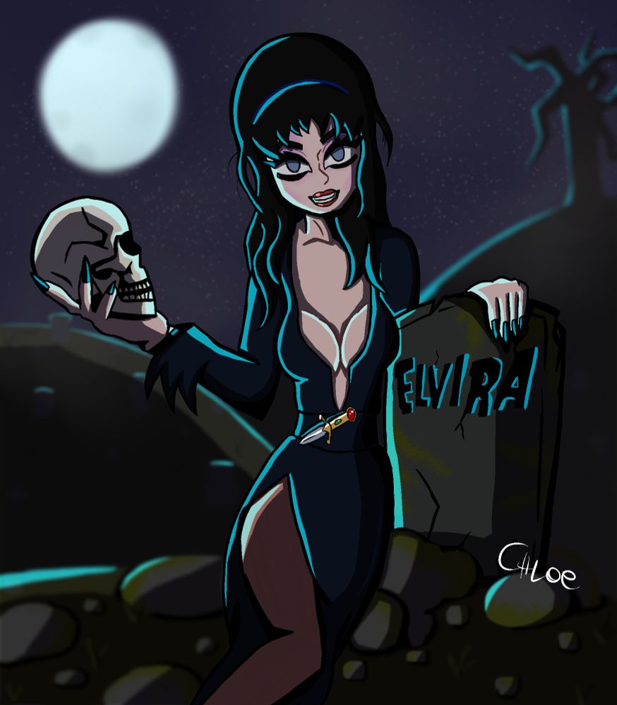 Elvira, the mistress of the dark, on a graveyard, holding a skull