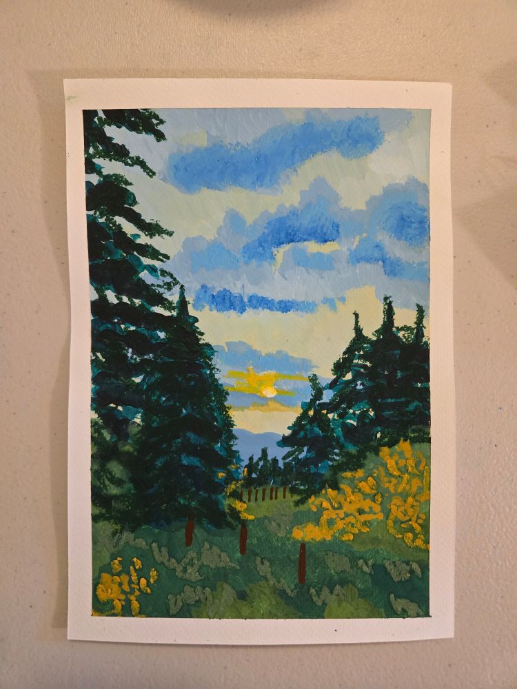 Landscape painting in blues and greens with a warm hue to it. There are trees on the left and right sides of the page. In the foreground are yellow flowers in a field. The sun peaks out from behind a series of clouds.