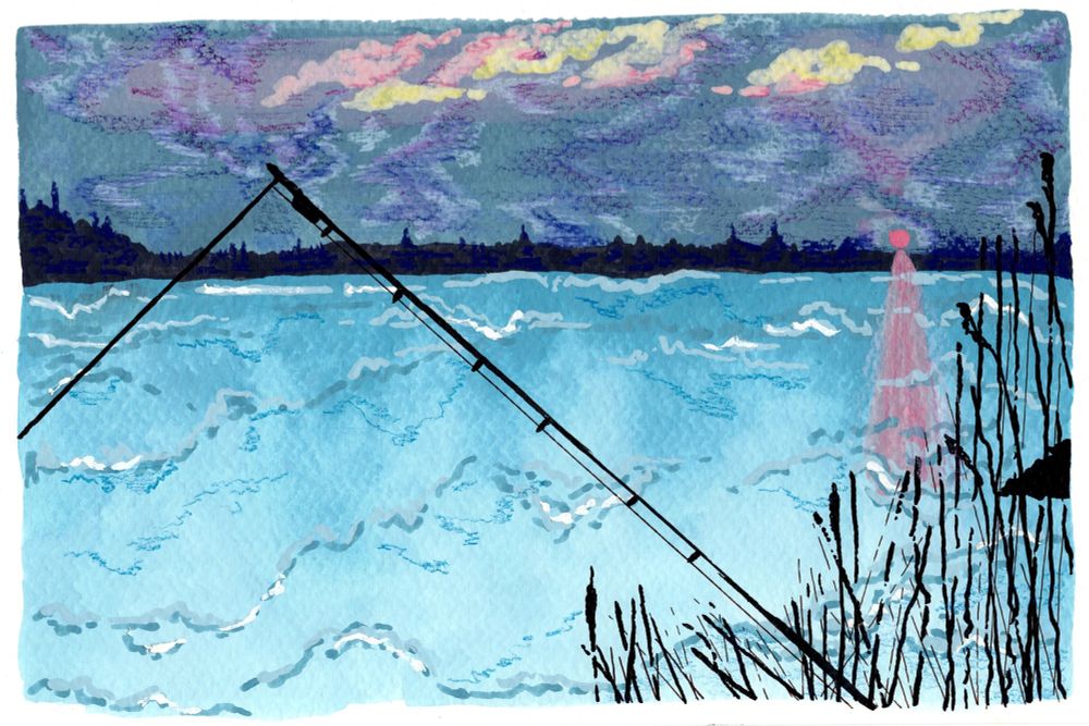 Gouache painting of a lake with a dark forest at the edge of it. There are many clouds in the sky, and there is a fishing pole across the center of the painting. In the bottom right corner, there are many reeds poking up. The painting was finished with colored pencil details. 