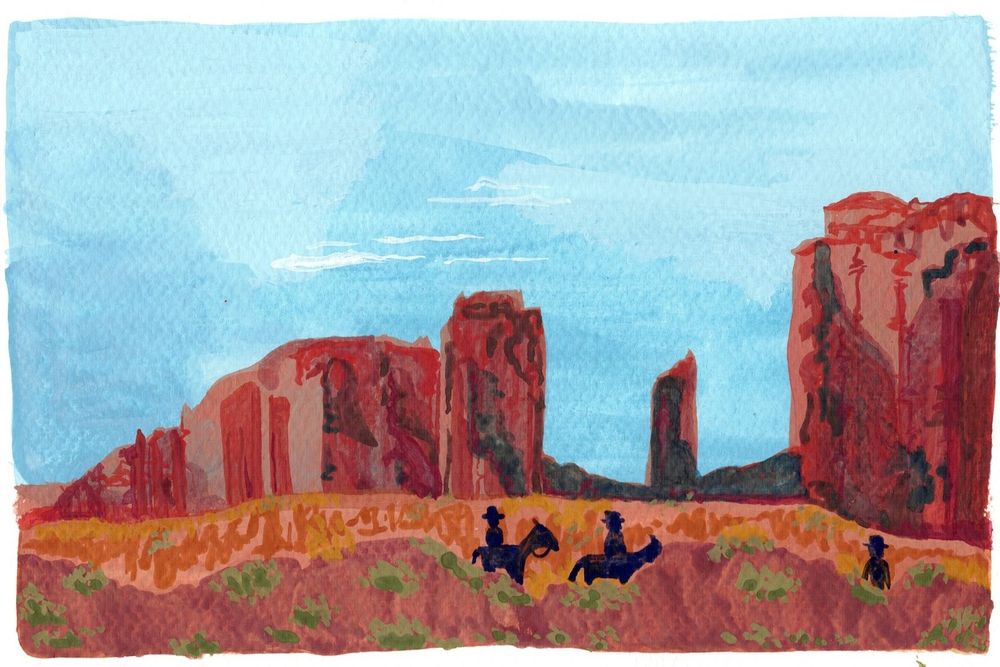 Gouache painting of a mountainous desert landscape with a blue sky and minimal clouds. In the foreground are three small cowboys. 