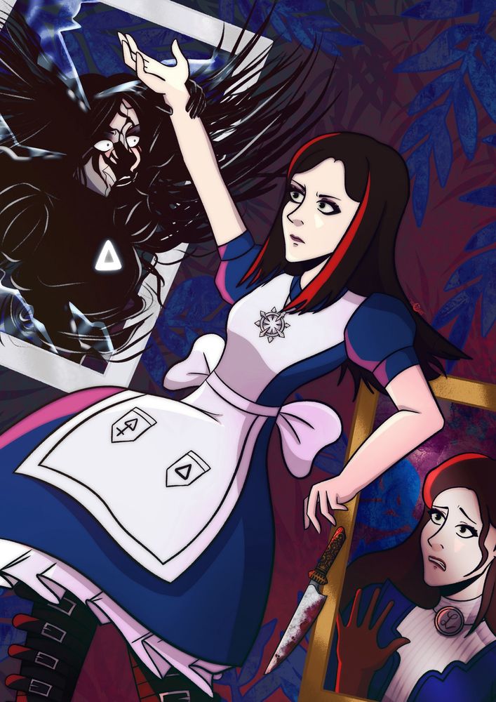 A drawing of Alice Liddell from American Mcgee’s Alice based on her Alice Asylum version. She’s glaring and ready to face at Shadow Alice who doesn’t want to let her get away while an Alice who had overcome all obstacles watches and reached happiness can’t do nothing to help.