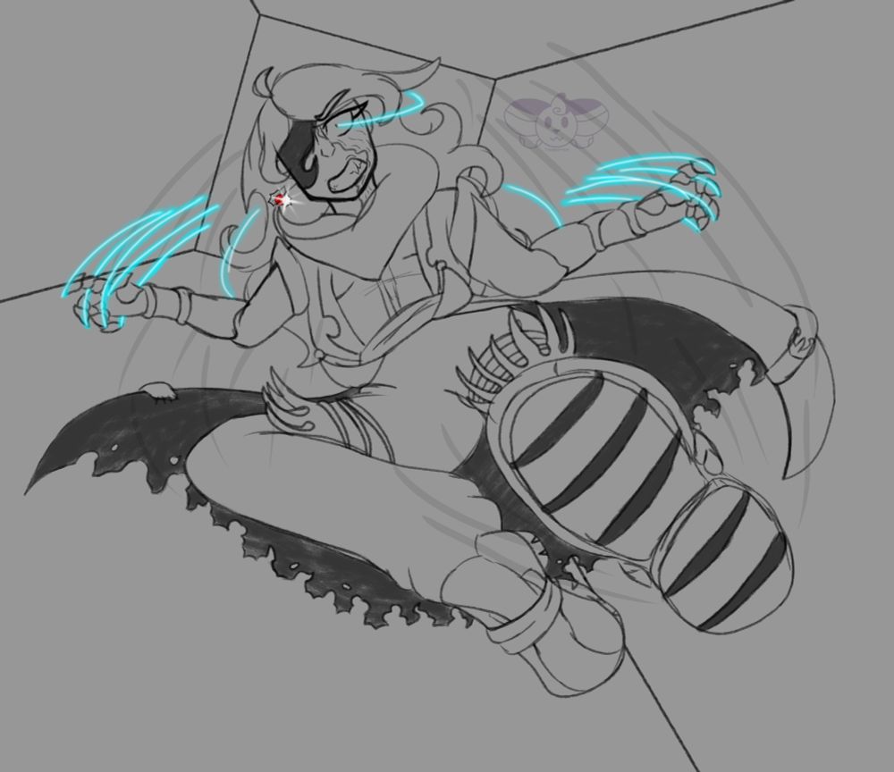 My dragonfable OC Panthea Traverse in a dynamic pose sketch. There is an expression of anger in her face, a shadow covering her right eye, and blue soulthreads follow the movement of her gauntlets. There are also darker spots to provide more design clarity.

She is coming down from above to kick the whoever the person's POV is in the face. 