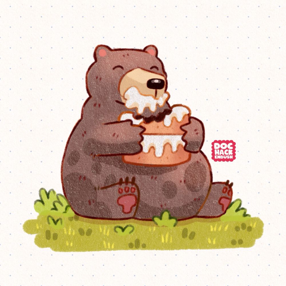 Illustration of a chonky bear sat with their legs outstretched eating a huge cake which they have hugged to their body. They have frosting over their muzzle and look blissfully happy. 