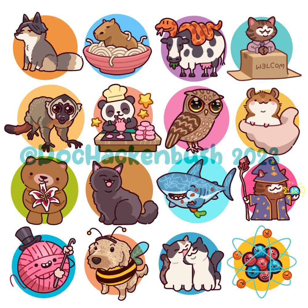 Compilation of 16 illustrations of silly little guys, including, but not limited to, a shark eating a carrot, a ball of yarn with a top hat and cane, a capybara in a bowl of noodles and a dog dressed as a bee. 