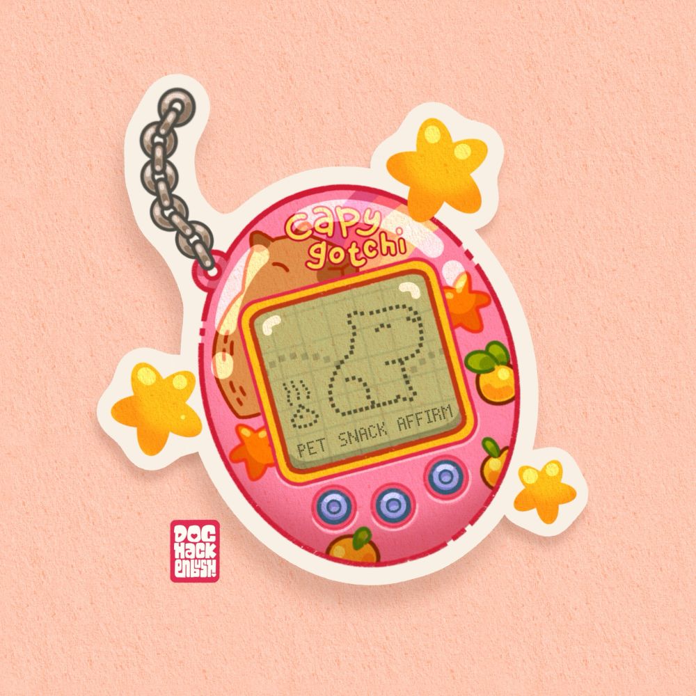 Illustration: a capybara themed, Tamagotchi-style virtual pet. It is shaped like a flat egg and has a small square LCD screen in the centre  and three round buttons below the screen. On the screen is a dot matrix display of a capybara next to a pile of pixelated poop. The button prompts ‘Pet’, ‘Snack’ and ‘Affirm’ appear at the foot of the display. 