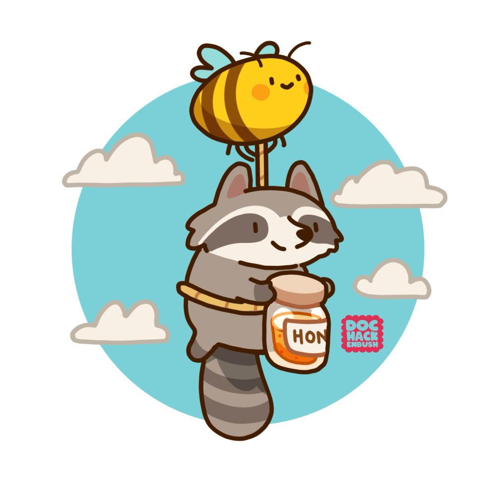 Illustration of a large round bee suspending a cute raccoon with a rope around his waist. He is holding a large jar of stolen honey. Background is a blue sky with fluffy clouds. 