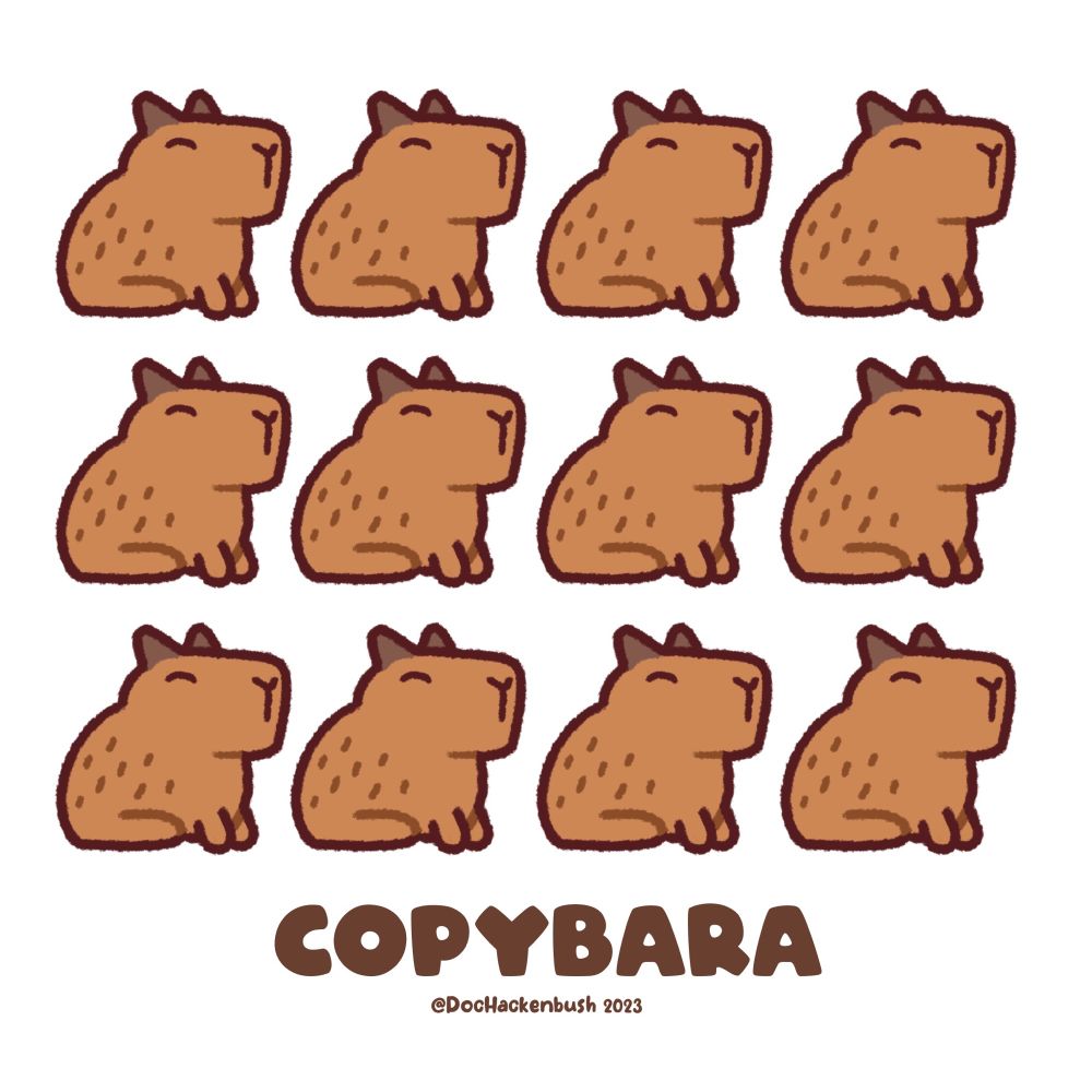 Illustration: 12 identical capybaras. Caption - Copybara
