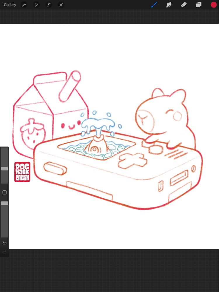 Work in progress illustration: a handheld gameboy style games console but instead of a screen there is a small pool. A fish in said pool is blowing a plume of water from his mouth. The console is flanked by a cute carton of strawberry milk with a smiley face and a tiny capybara.
