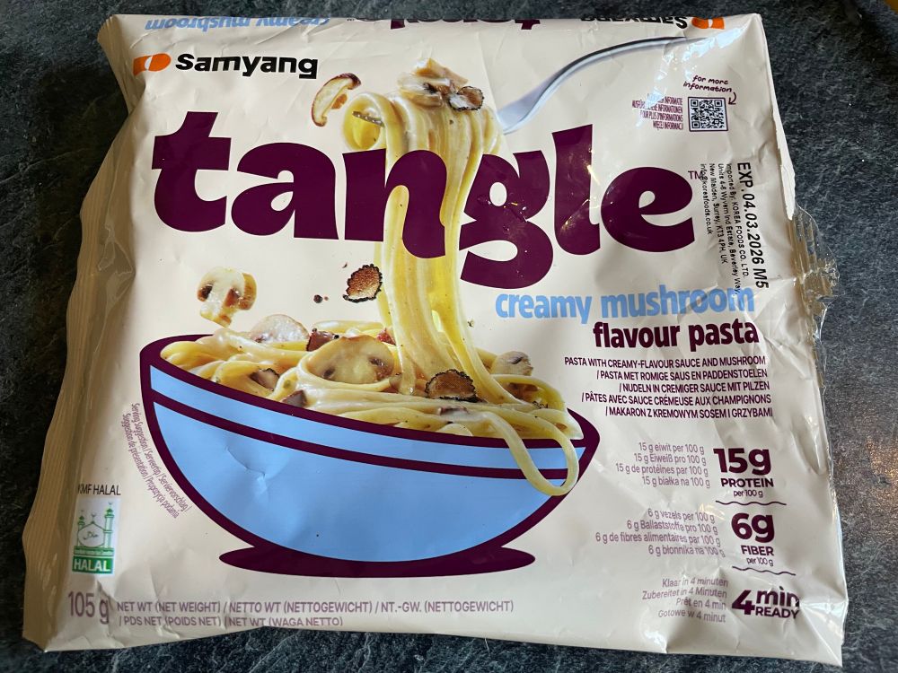 A packet of Tangle instant pasta, creamy mushroom flavour. 