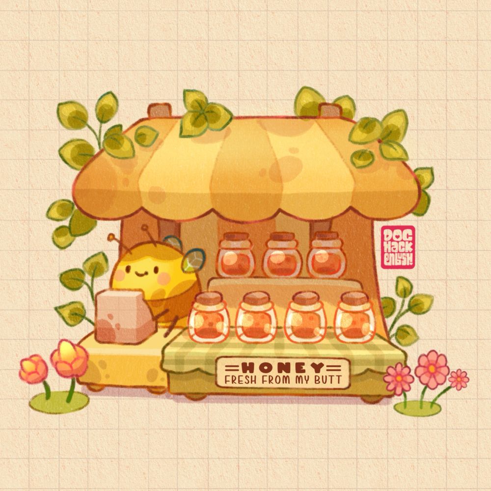 Didital pencil and marker illustration of a happy round bee that runs a market stall selling his honey in jars. The stall has a light and dark mustard striped canopy and the honey jars are set out on an olive green plaid tablecloth. A sign in front reads ‘HONEY - Fresh from my butt’ 