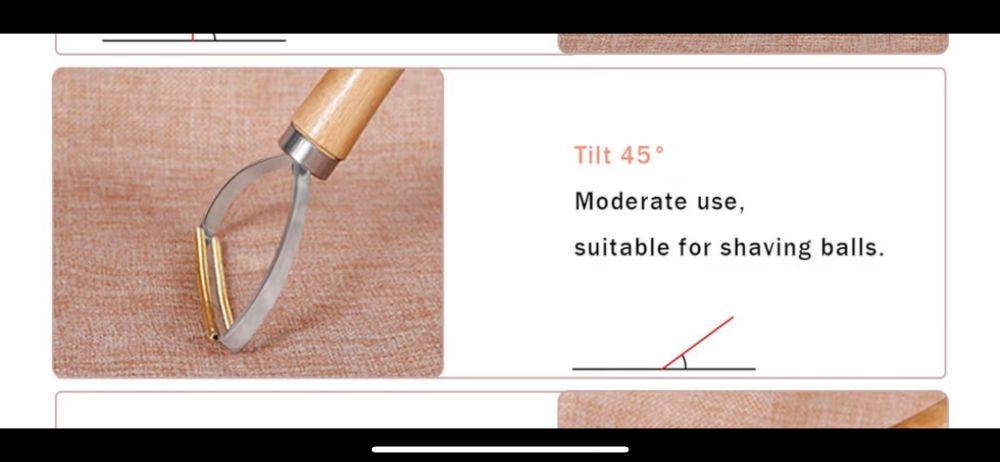 Crop of a screenshot of an Amazon listing for a lint/hair/bobble removing tool. It looks kind of like a big potato peeler. It has a wooden handle and a D shaped loop of metal with a sharp fine toothed comb along the straight edge. The instructions for use suggest that when used at a 45 degree angle it is “suitable for shaving balls” 