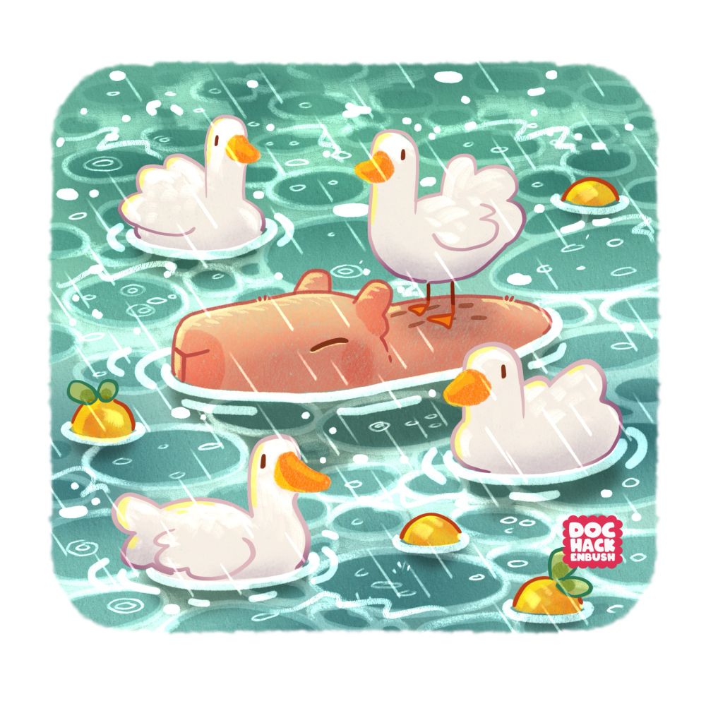 Illustration: a capybara swimming half submerged in a body of water. He is surrounded by four white ducks with orange bills, one of whom is standing on the capy’s back. Some yuzu fruit are bobbing between the ducks. It is raining and the raindrops create lots of tiny ripples on the waters surface. 