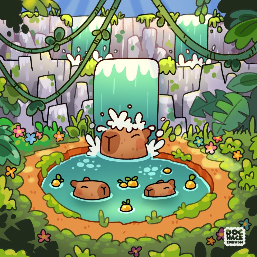 Fully rendered illustration of a jungle pool, surrounded by foliage of various kinds, fed by a waterfall coming from a higher pool, which is in turn fed by two additional waterfalls all of which cascade over a rocky cliff face. Vines and leaves surround the frame. Three capybaras (natch) are enjoying a dip in the pool. One is especially liking being directly under the waterfall. 