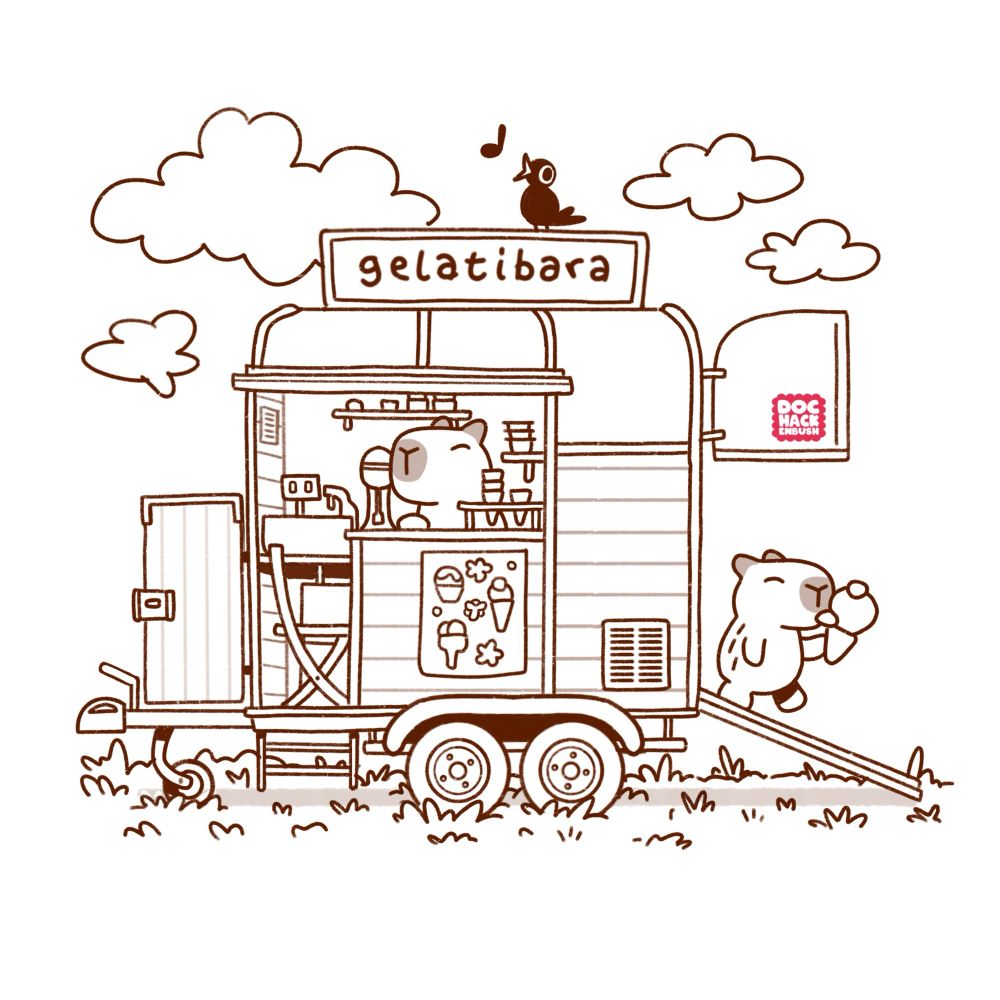 Cozy line art illustration of a capybara-run ice cream truck made from a converted horse box. Viewed side-on there is a serving hatch and door through which can be seen various shelves and utensils. There are ice cream cones on a stack on the counter. A capybara is visible through the hatch, ready to provide you with delicious ice cream. There is a ramp at the rear and a young Capy is walking down it having just acquired a cone. The sky is festooned with fluffy clouds and a sign atop the trailer reads “gelatibara”. 