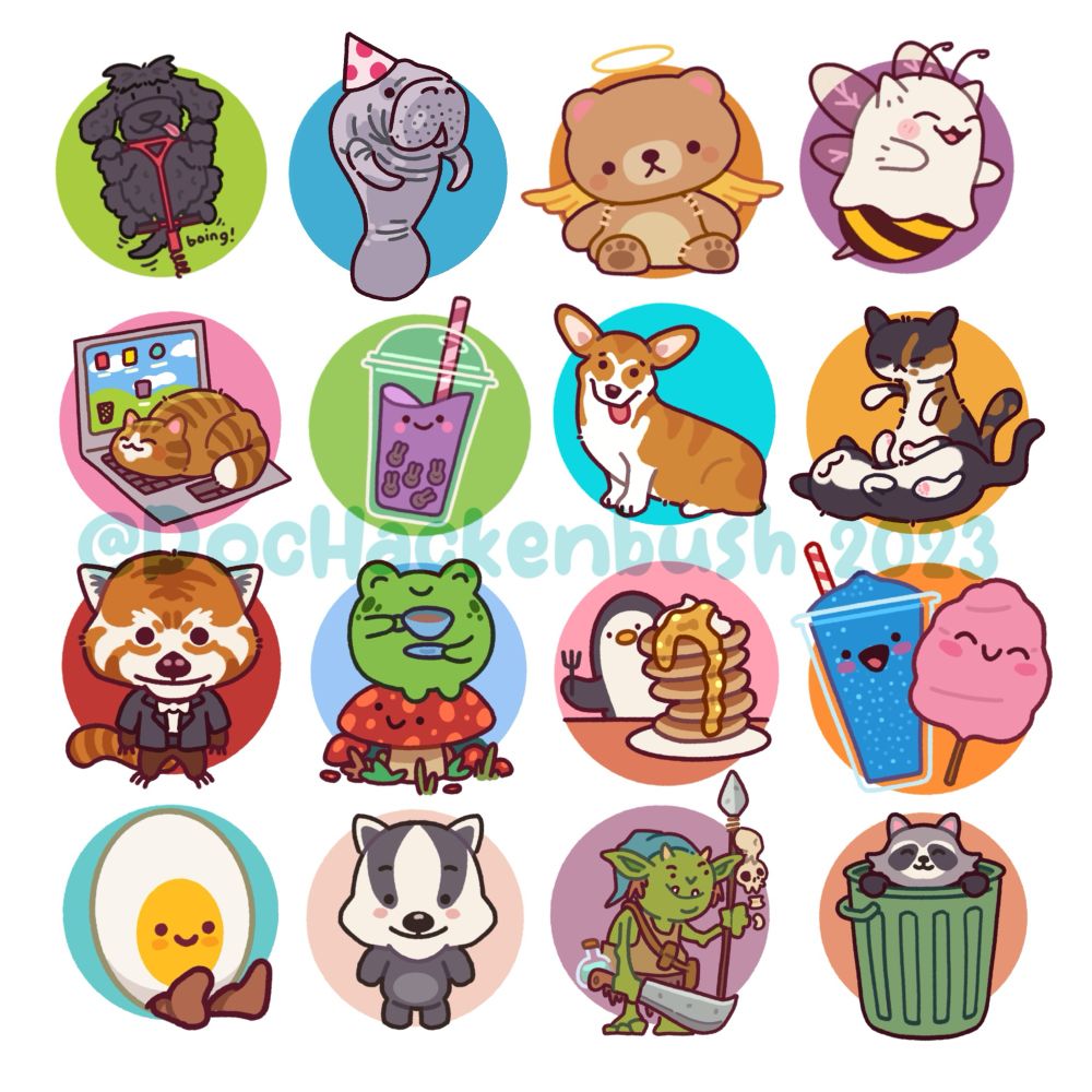 Sixteen silly little guy illustrations including party manatee, penguin pancakes, forg teatime and cat on a laptop