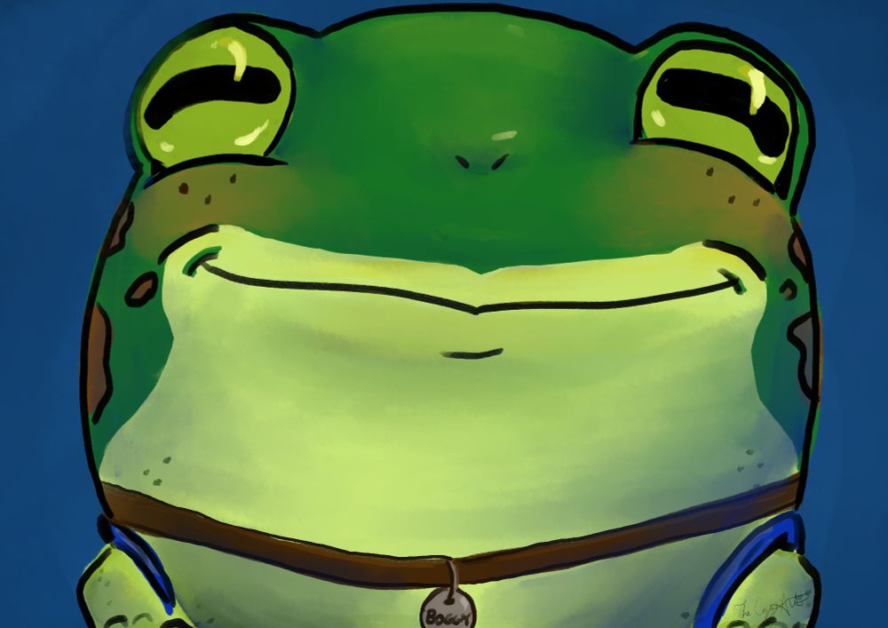 A very round frog with a look that says 'happy to be here.'