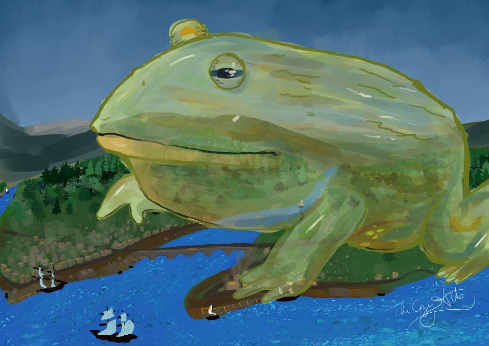 Background: An old town is nestled between rivers as seagoing vessels float by or sit at the docks.  There are distant mountains.  Over the whole landscape sits a massive, semi-transparent bullfrog.
