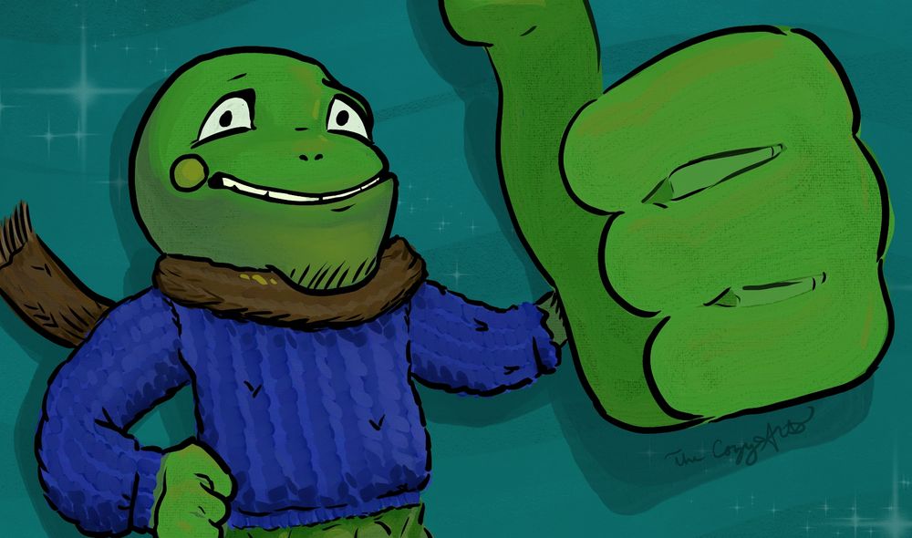 A bullywug (humanoid frog-like lil' guy) with a big chin and a cozy sweater smiles while giving a big thumbs up with an inflated fist.
