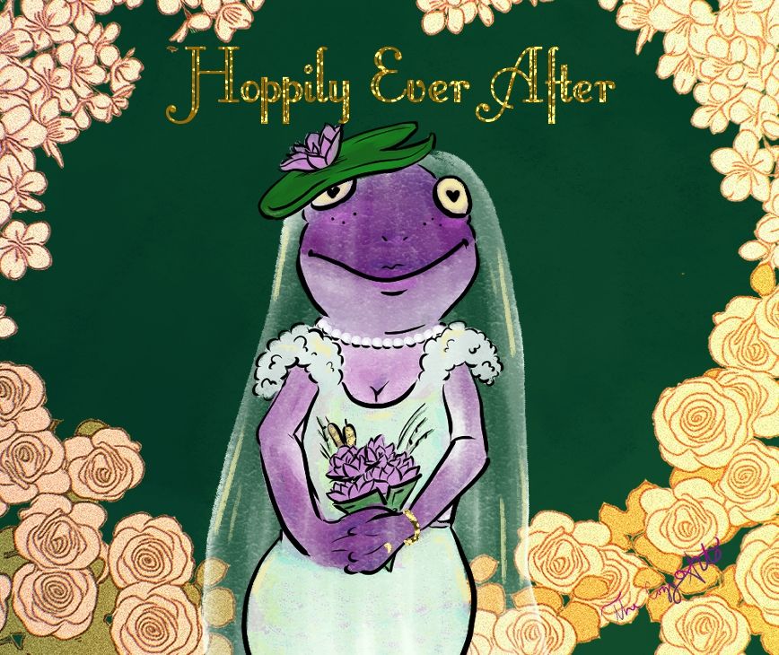 A purple frog with hearts in their eyes and a bridal dress and veil stands before a backdrop of vintage looking flowers over a mossy backdrop.  In gold letters it says "Hoppily Ever After"