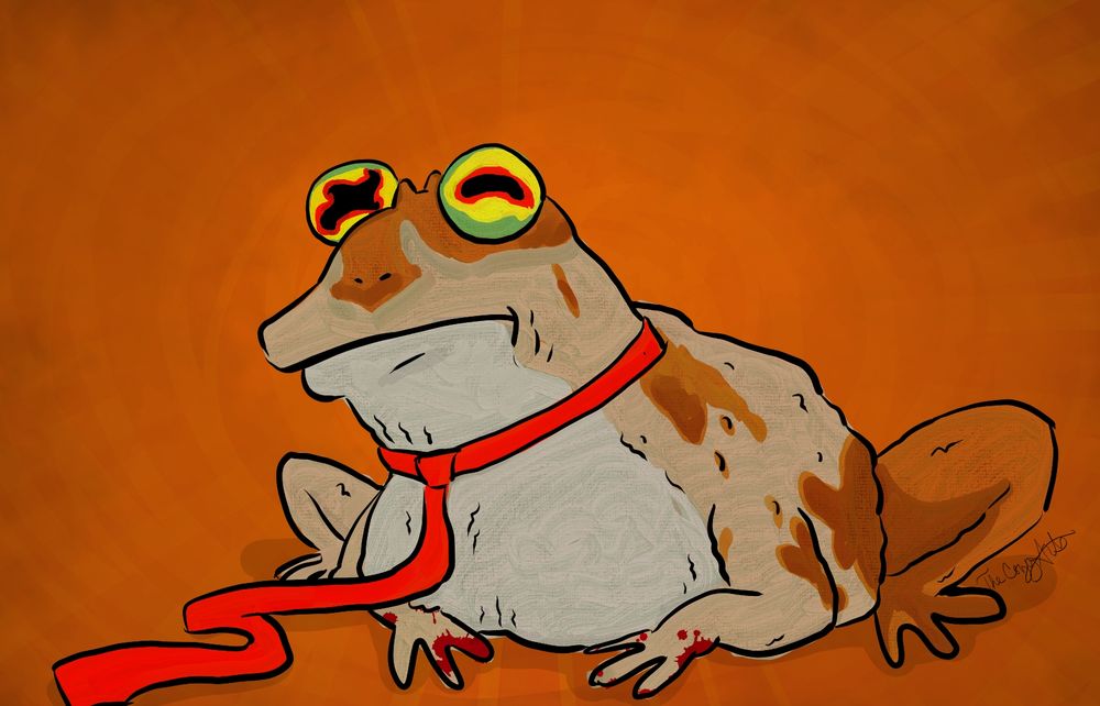 Hypnotoad reimagined to be more pale, more orange, more facist, with a too-long red tie and blood on his hands