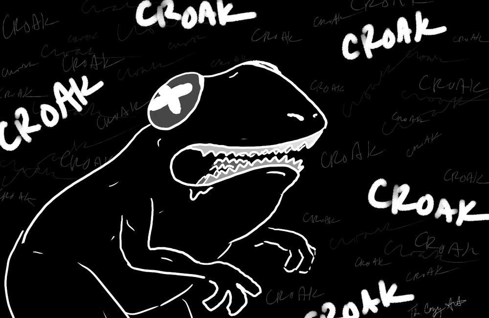A nightmarish frog with shark teeth in stark black with white outlines.  Frog is surrounded by many words reading  'croak'