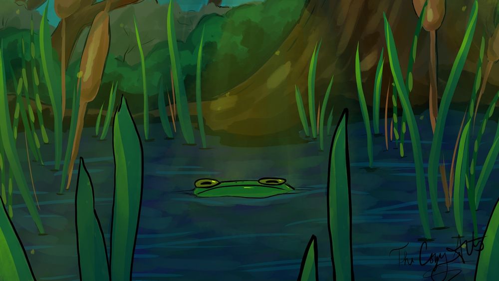 an overwhelmed looking frog peers out from a swamp 