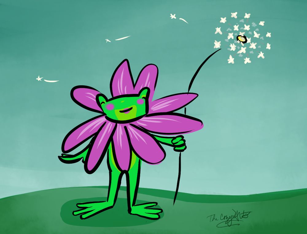 A pretty cartoon frog smiles sweetly with a flower petal collar and holding a dandelion that has gone to seed.