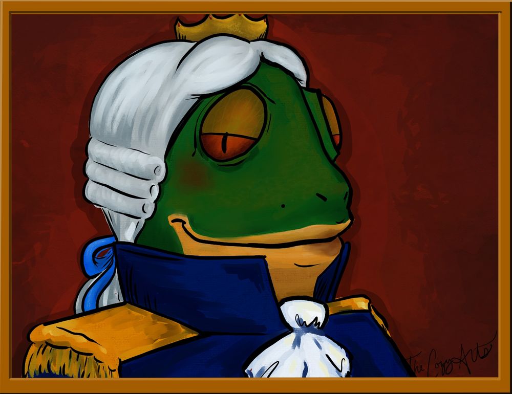 A frog-like humanoid with a smug smile looks down on the user.  His clothing is roughly regency.