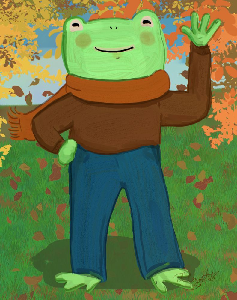 An autumnal cartoon frog in a sweater waves hello