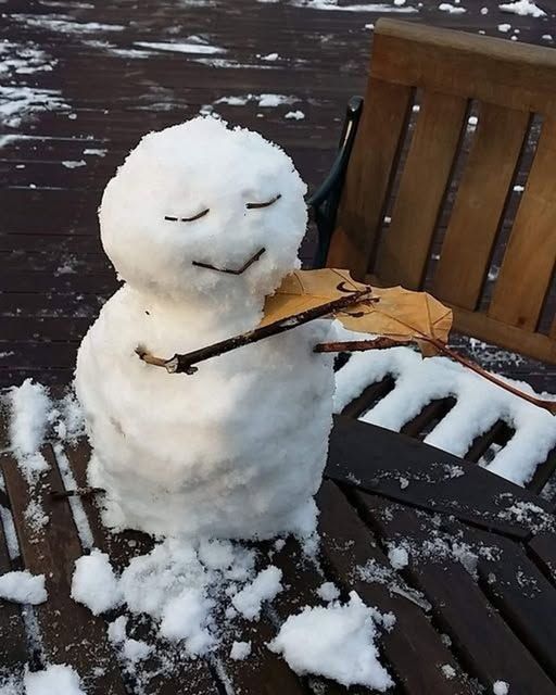 Ein kleiner Schneemann spielt Geige auf einem Laubblatt.