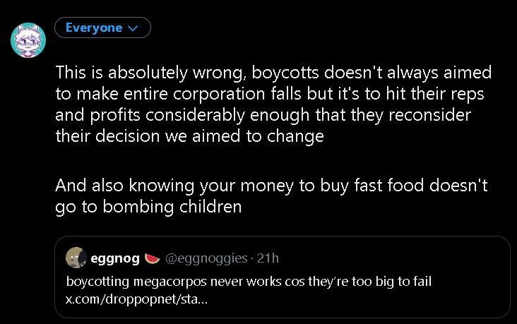 Image of Niko stating on a draft tweet saying "This is absolutely wrong, boycotts doesn't always aimed to make entire corporation falls but it's to hit their reps and profits considerably enough that they reconsider their decision we aimed to change

And also knowing your money to buy fast food doesn't go to bombing children"