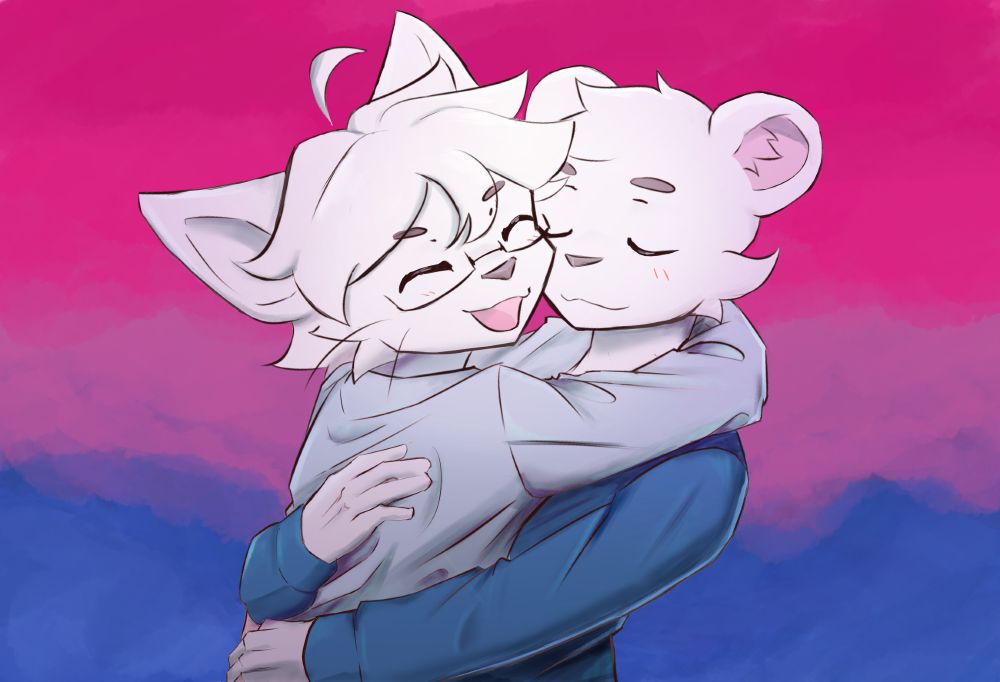 White cat named Niko hugging a polar bear named Pines in loving and happy way, Niko is excited and Pines is at peace while hugging with bisexual paint background