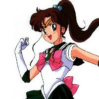 Sailor Jupiter. a woman with long brown hair pulled into a messy ponytail. her white uniform has green accents as well as pink bows on her back and chest. she has a bright green gem in the center of her chest bow
