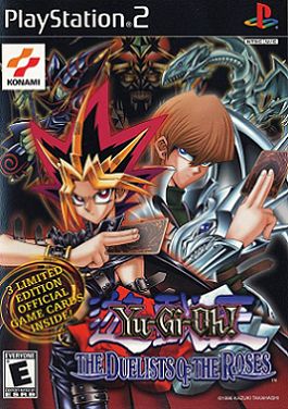 The Box Art of Yu-Gi-Oh! Duelist of the Roses with Yugi and Kabai in front and Dark Magician, Nightmare, and Blue-Eyes White Dragon in the background. 