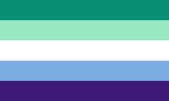 the flag for Male loving Males. Teal on top white in the middle and shades of blue on the bottom