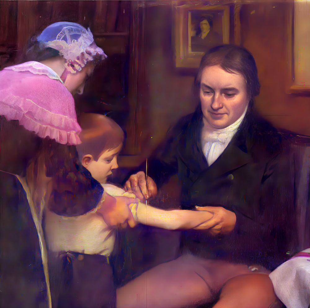 Painting of Edward Jenner vaccinating James Phipps on 14 May 1796. Cropped and enhanced painting by Ernest Board (public domain).