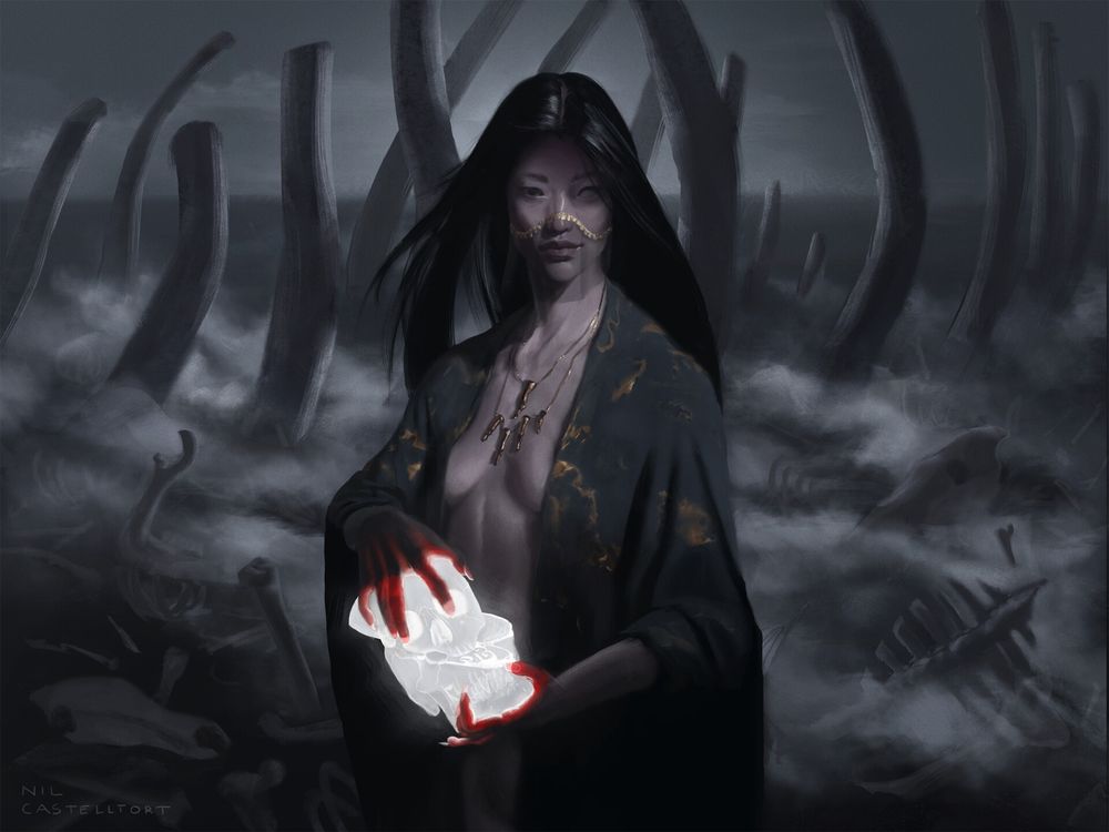 A gloomy monochromatic digital painting of an almost smiling Asian woman wearing only a grey robe with gold flecks and a veil that covers her mouth and nose, holding between her hands a bright, bisected skull. On the background, a foggy field of bones.