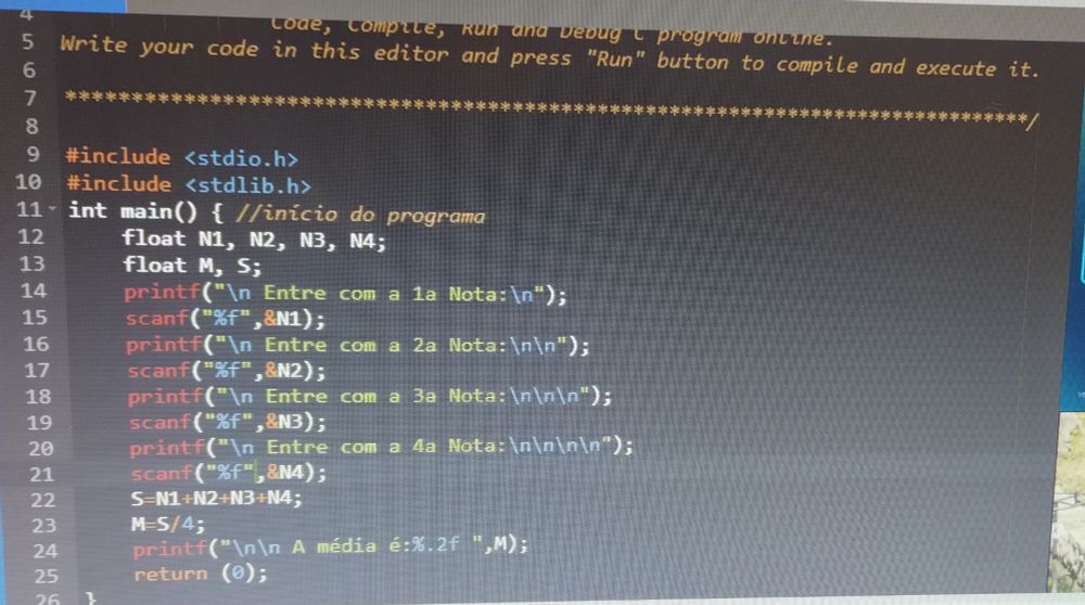 Picture of a computer screen, featuring a C Language compiler and code for a school grades average calculator written by O P.